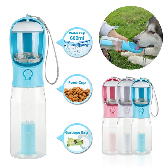 Tragbare Wasserflasche für Hunde oder Katzen- Futter, Wasser und Kotbeutel inkl.