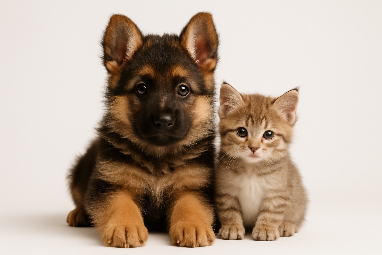 Ein Schäferhund Welpe und eine Baby Katze auf weißem Hintergrund