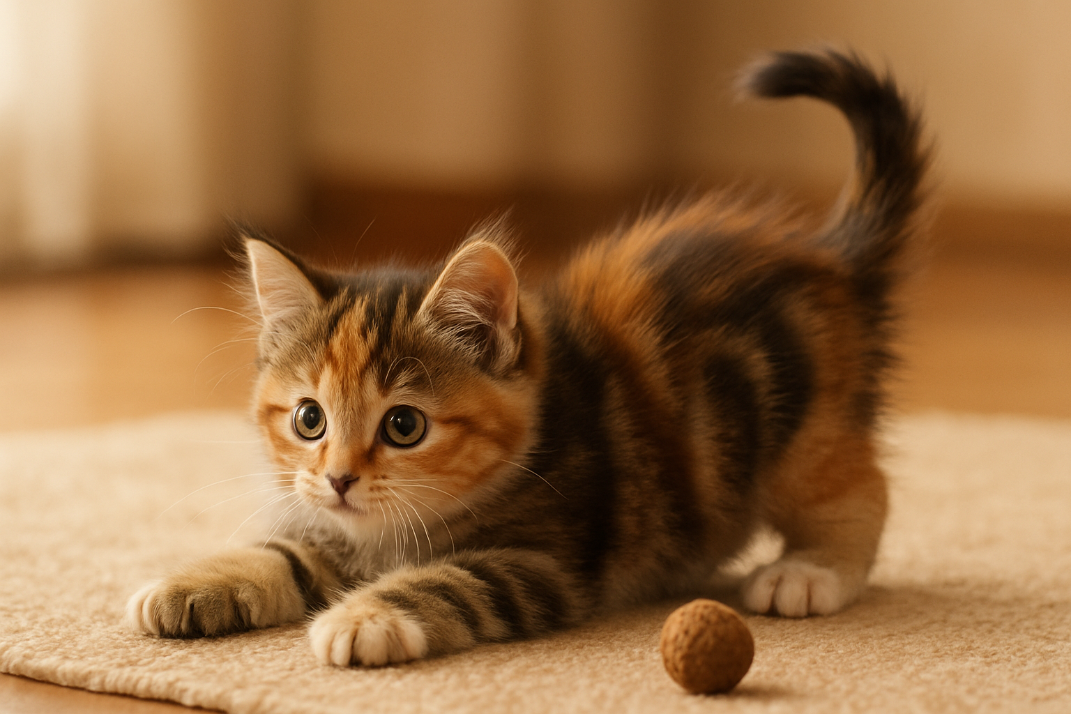Eine kleine Katze fordert zum Spielen auf